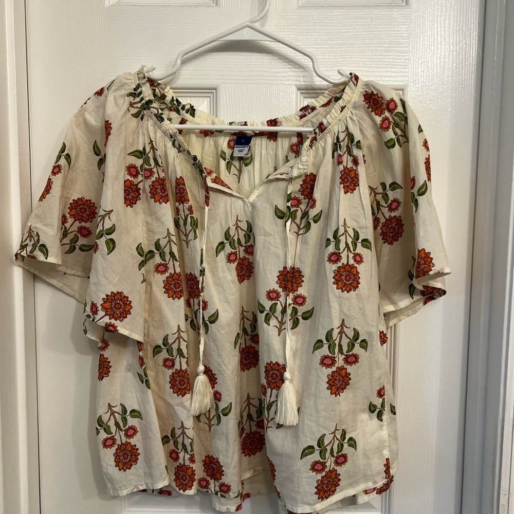 Old Navy Cream Blouse with Red Floral Pattern